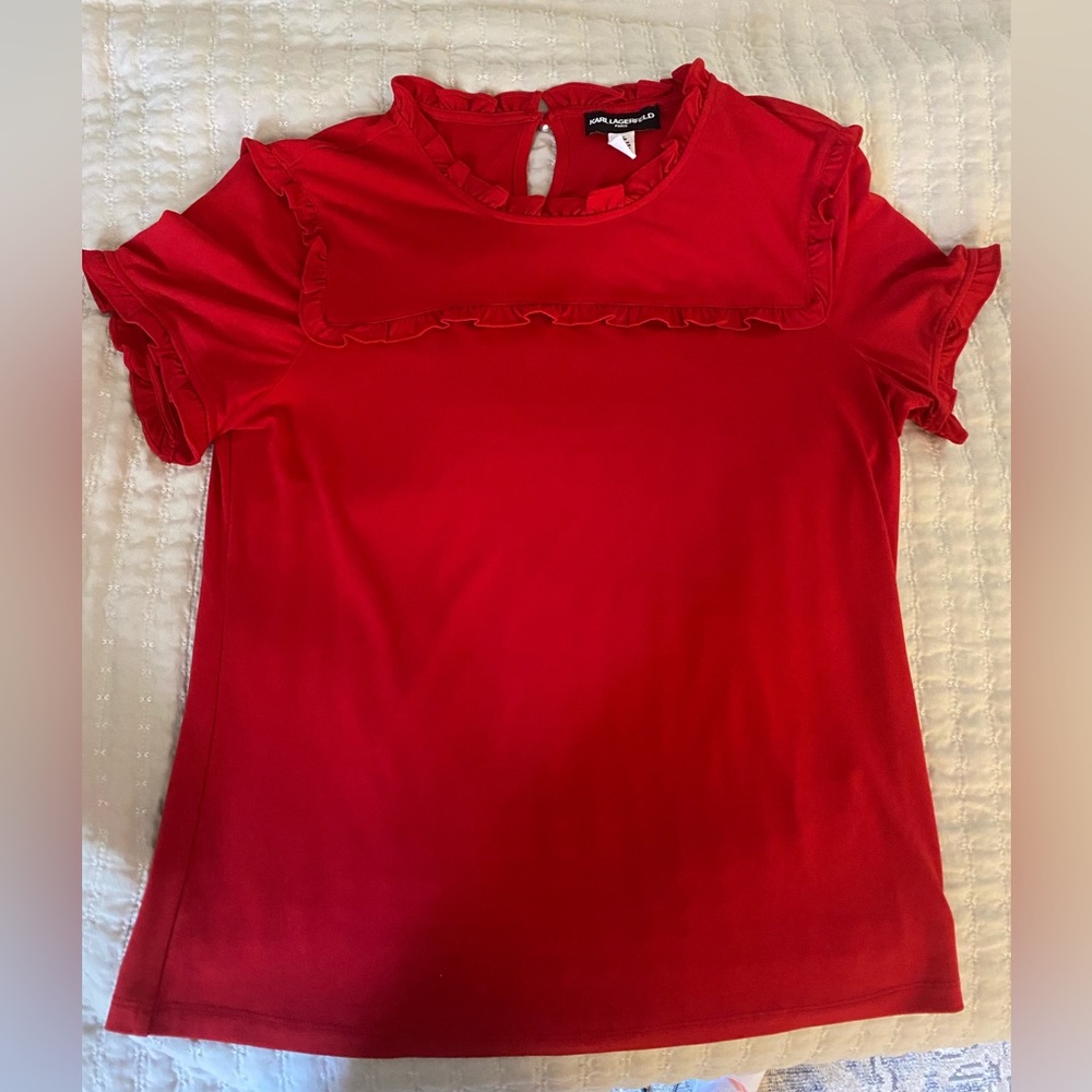 Karl Lagerfeld Red Ruffle Short Sleeve Top
